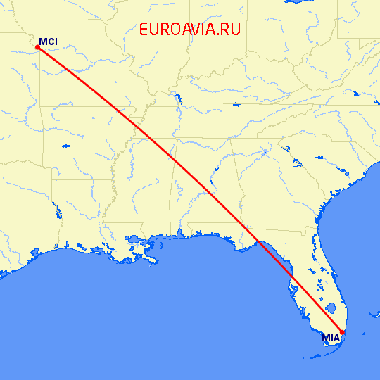 перелет Майами — Канзас Сити на карте