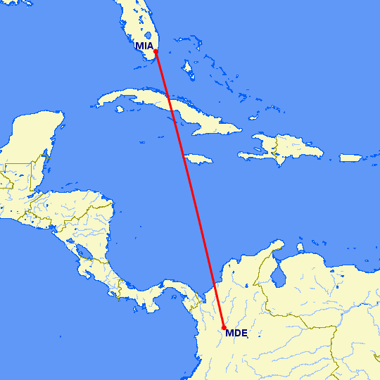 перелет Майами — Меделлин на карте