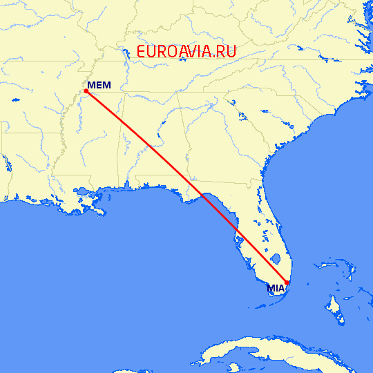 перелет Майами — Мемфис на карте