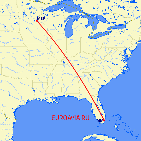 перелет Майами — Миннеаполис на карте
