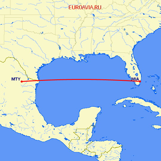перелет Майами — Монтеррей на карте