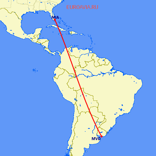 перелет Майами — Монтевидео на карте