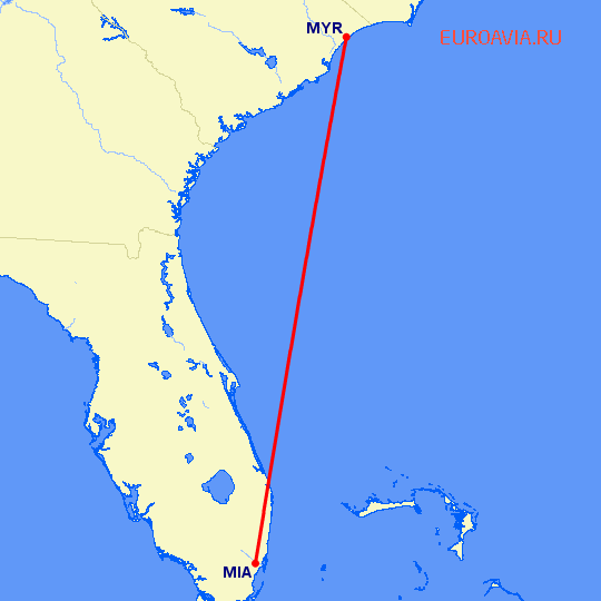 перелет Майами — Миртл Бич на карте