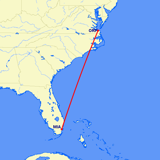 перелет Майами — Норфолк на карте