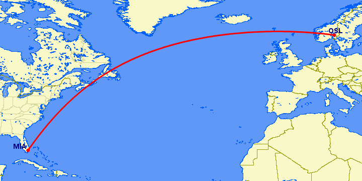 перелет Майами — Осло на карте