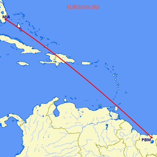 перелет Майами — Paramaribo на карте