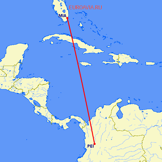 перелет Майами — Перейра на карте