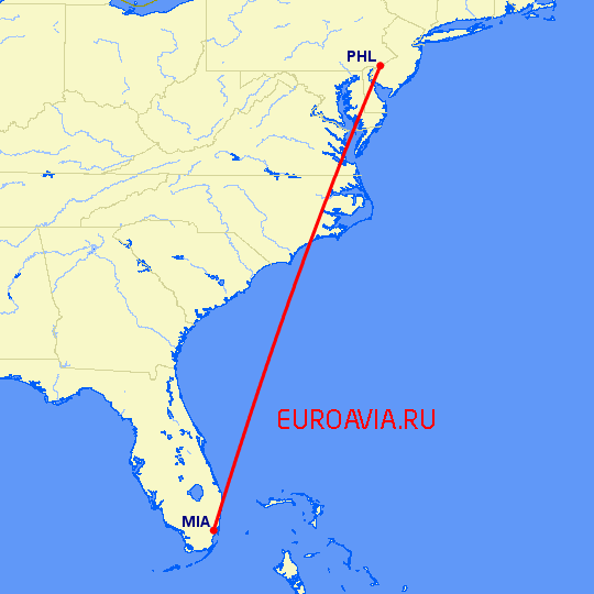 перелет Майами — Филадельфия на карте