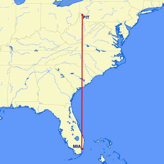 перелет Майами — Питтсбург на карте