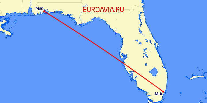 перелет Майами — Pensacola на карте