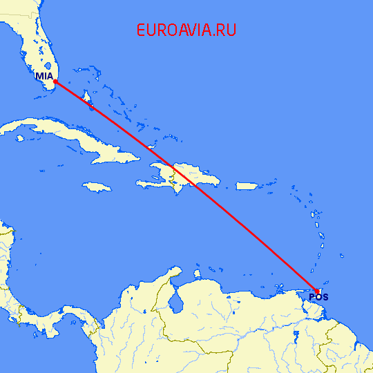 перелет Майами — Port Of Spain на карте