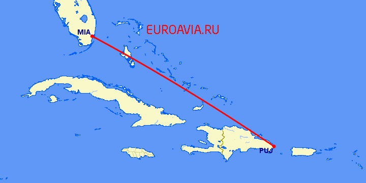 перелет Майами — Пунта Кана на карте
