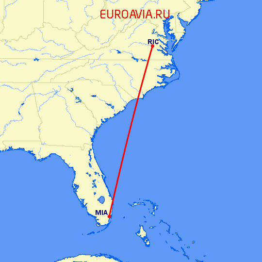 перелет Майами — Ричмонд на карте