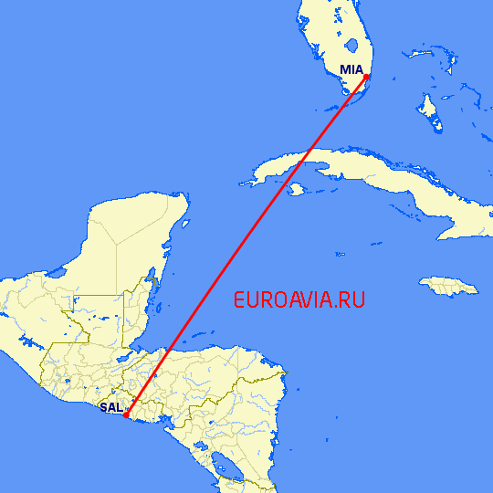 перелет Майами — Сан Сальвадор на карте