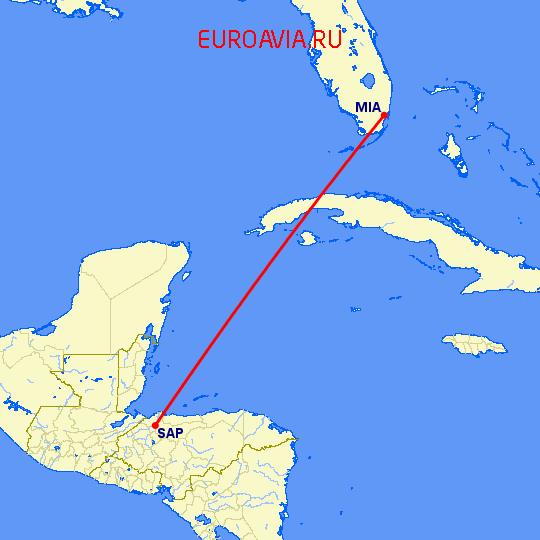 перелет Майами — San Pedro Sula на карте