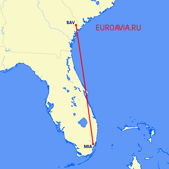 перелет Майами — Саванна на карте