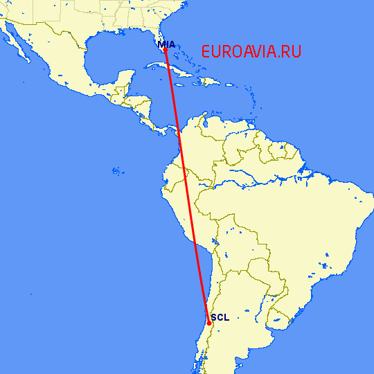перелет Майами — Сантьяго на карте