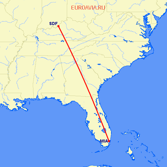 перелет Майами — Луисвилл на карте