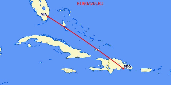 перелет Майами — Санто Доминго на карте