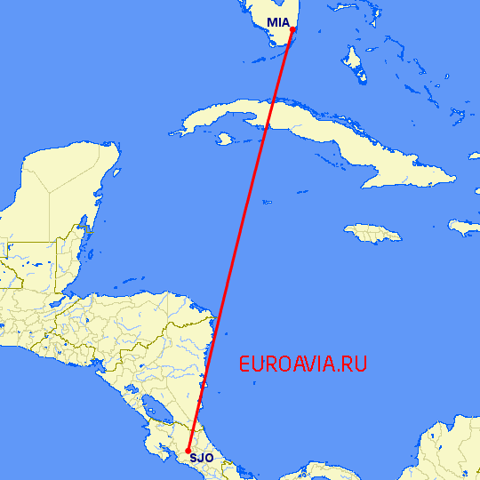 перелет Майами — Сан Хосе на карте