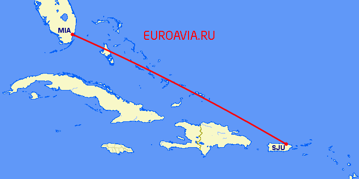 перелет Майами — Сан Хуан на карте