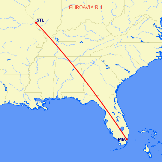 перелет Майами — Сент Луис на карте