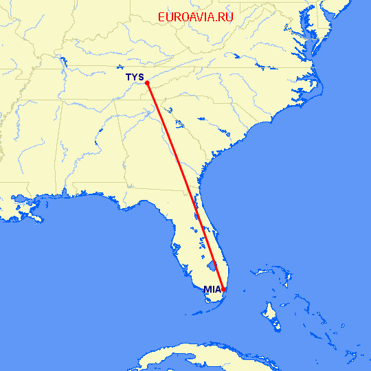 перелет Майами — Ноксвилл на карте