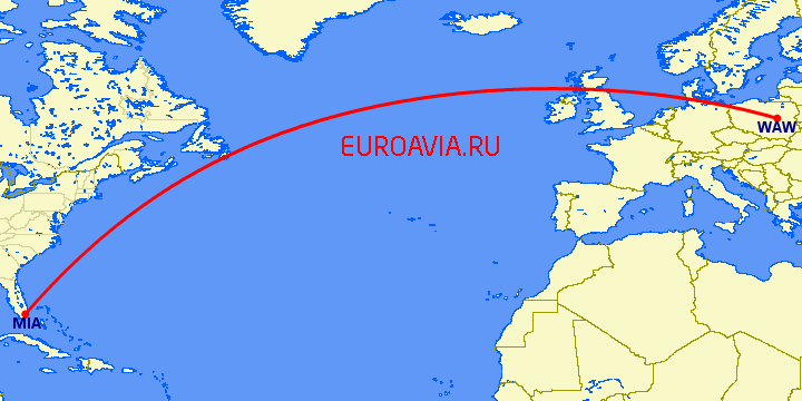 перелет Майами — Варшава на карте