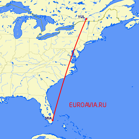перелет Майами — Монреаль на карте