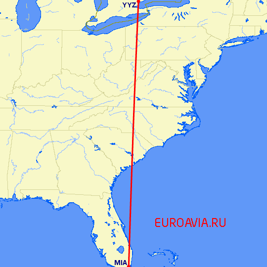 перелет Майами — Торонто на карте