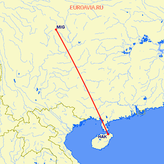 перелет Mian Yang — Хайкоу на карте