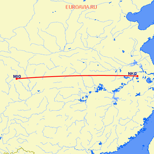 перелет Mian Yang — Нанкин на карте