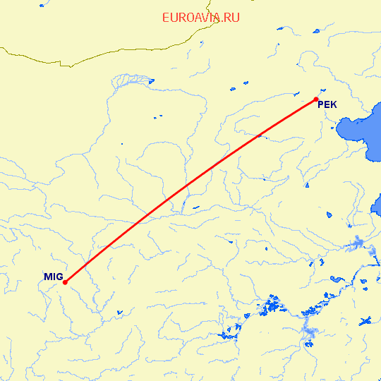 перелет Mian Yang — Пекин на карте