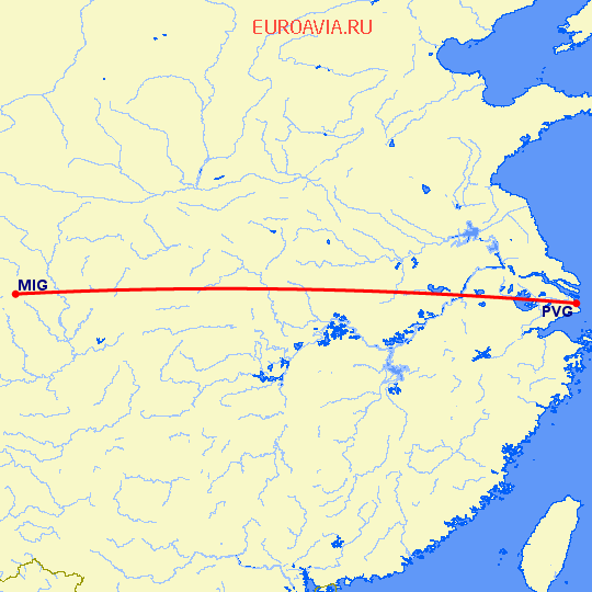 перелет Mian Yang — Шанхай на карте