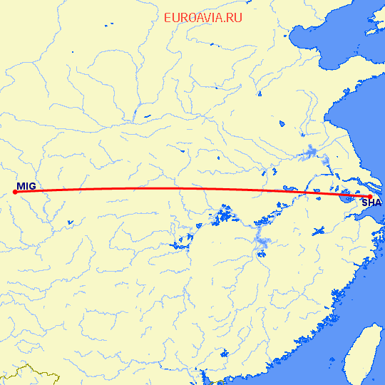 перелет Mian Yang — Шанхай на карте