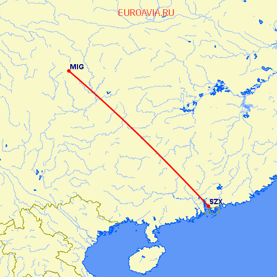 перелет Mian Yang — Шэньчжэнь на карте