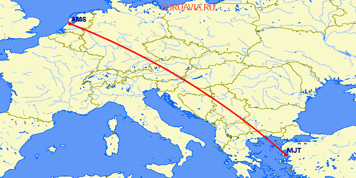 перелет Mytilene — Амстердам на карте