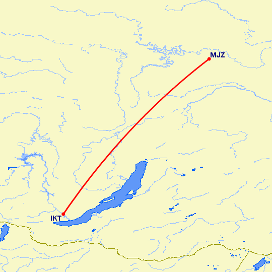 перелет Мирный — Иркутск на карте