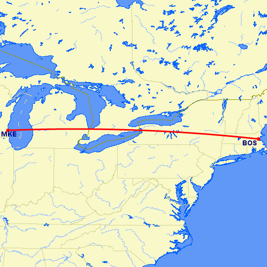 перелет Милуоки — Бостон на карте