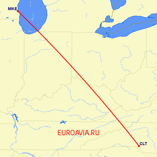 перелет Милуоки — Шарлотт на карте