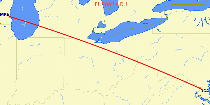 перелет Милуоки — Вашингтон на карте
