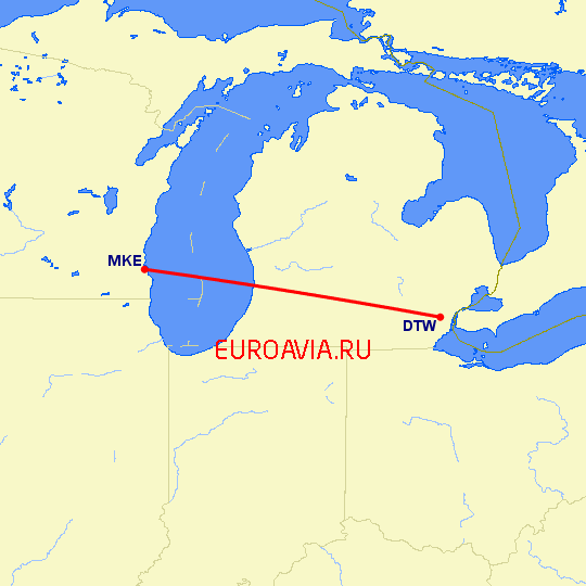 перелет Милуоки — Детройт на карте