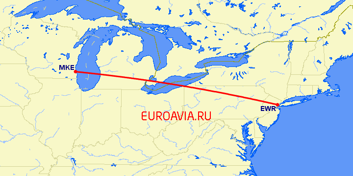 перелет Милуоки — Ньюарк на карте