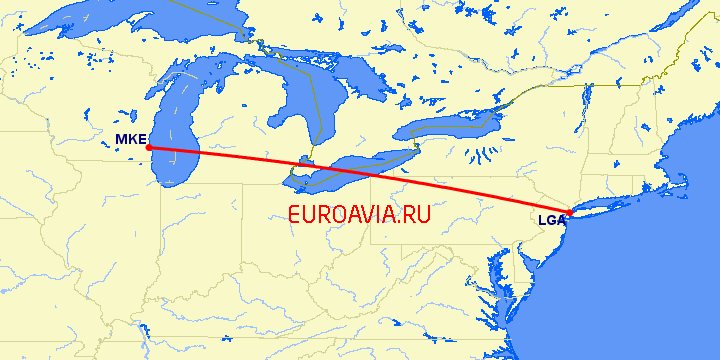 перелет Милуоки — Нью-Йорк на карте