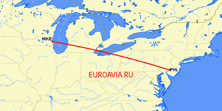 перелет Милуоки — Филадельфия на карте