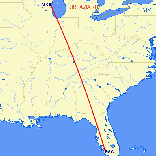 перелет Милуоки — Форт Майерс на карте