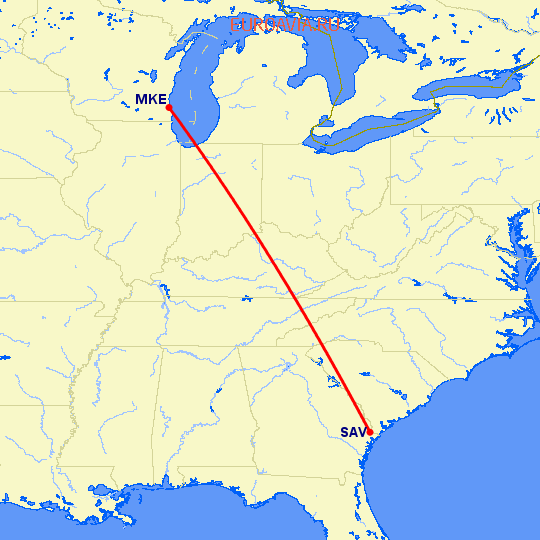 перелет Милуоки — Саванна на карте