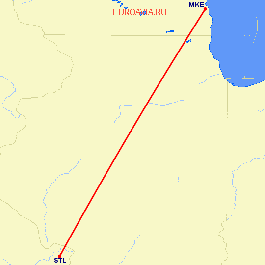 перелет Милуоки — Сент Луис на карте