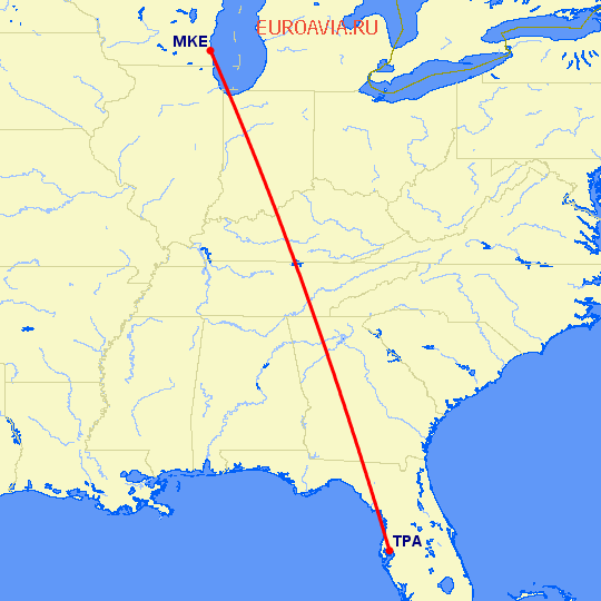 перелет Милуоки — Тампа на карте