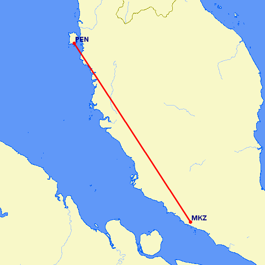 перелет Малакка — Пенанг на карте